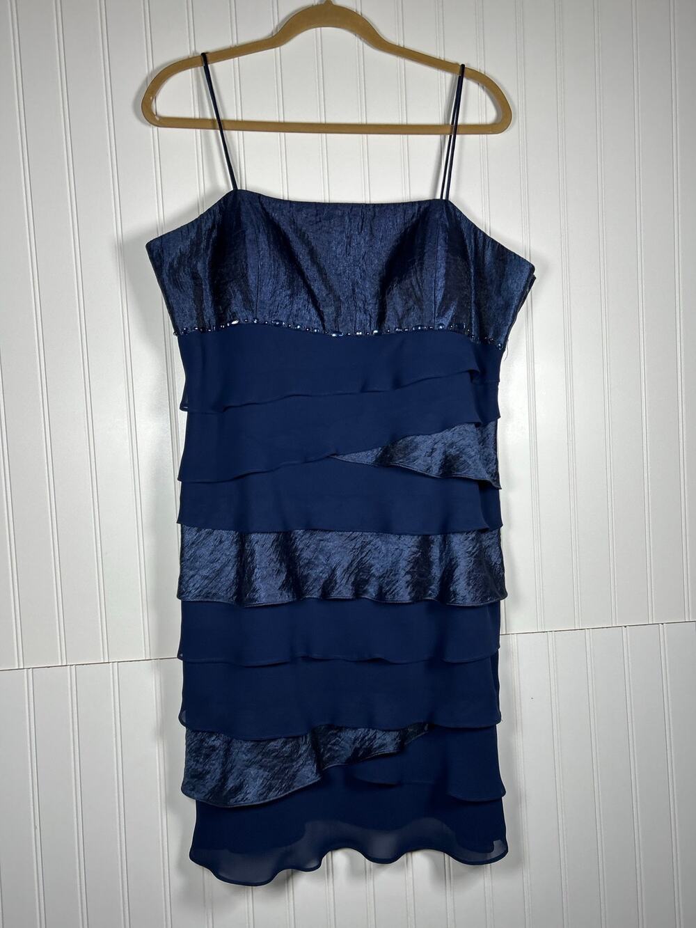 VTG SL Fashions Evening Sz18 Navy blue ruffle spaghetti strap mini dress beaded